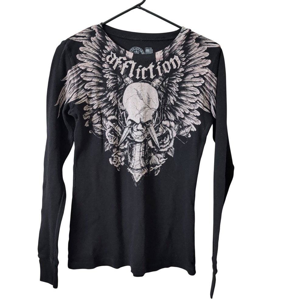 Affliction Live Fast Skull Wings Thermal Shirt Black Waffle Knit Mens Medium
